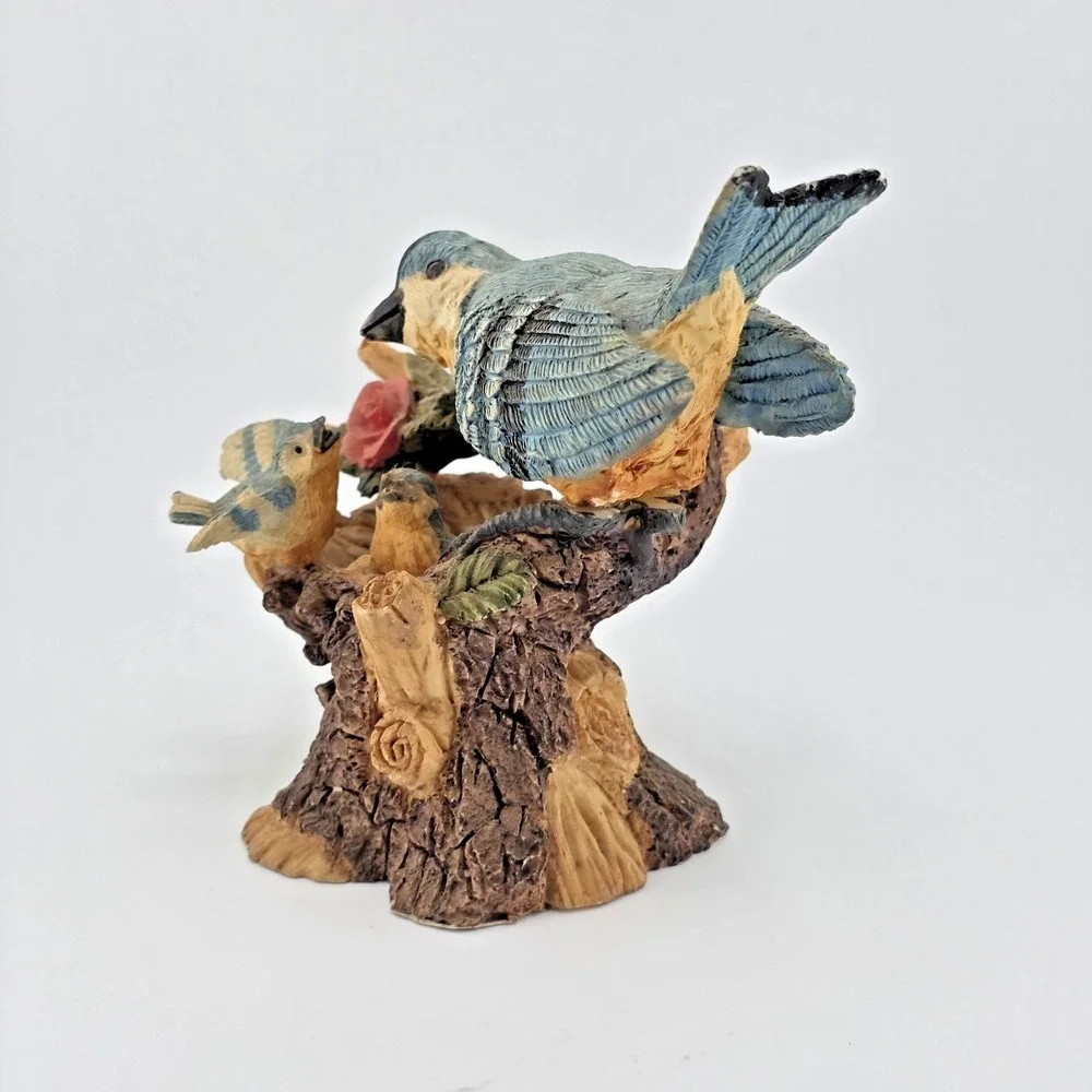 Bluebird Family Figurine Mother & 2 Chicks Hand Painted Resin